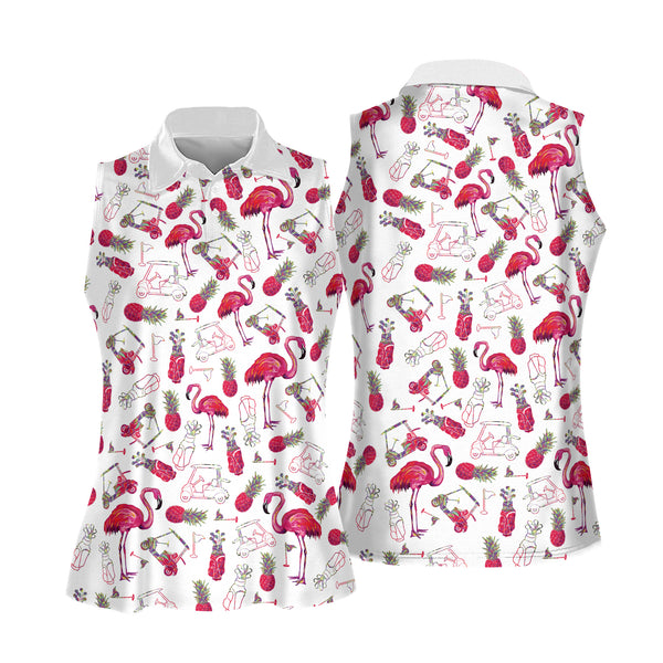 Flamingo Pineapple Sleeveless Golf Shirt Women's, Flamingo Golf Shirt For Women GY0244