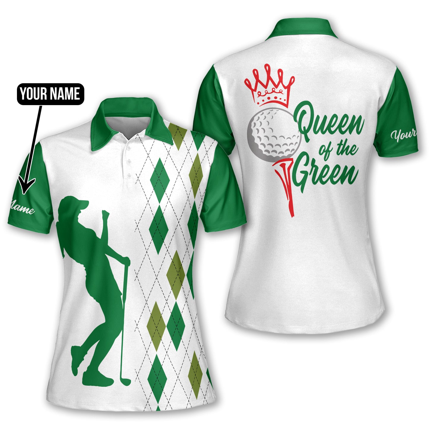 Funny womens golf polo shirt queen of the green custom argyle plaid white green golf shirts for women GY0922