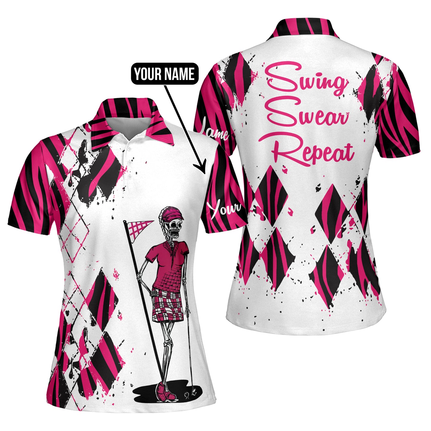 Women golf polo shirts custom funny ladies golf skull pink zebra pattern golf shirt swing swear repeat GY0966