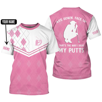 Funny womens golf polo shirts, custom pink argyle ass down, face up that's the way i read my putts GY0980