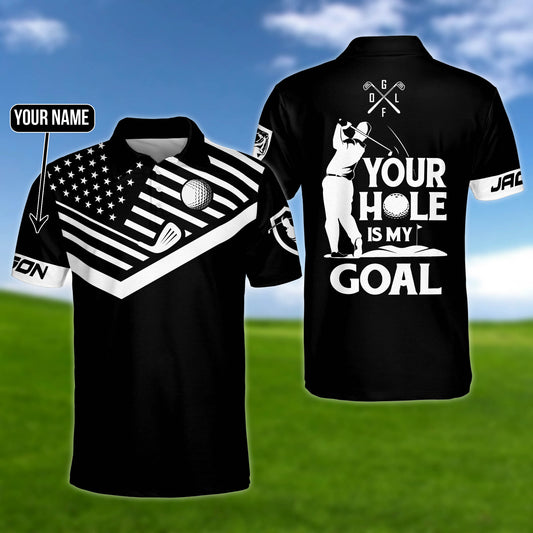 Your hole is my goal new version custom polo shirt, personalized black american flag golf shirt for men GY1470