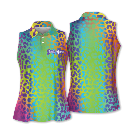 Women's sleeveless polo shirt neon rainbow leopard print custom pattern golf shirt GY2232