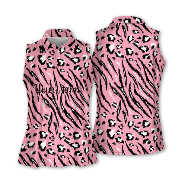Custom Women's Leopard Pink Sleeveless Golf Shirt, Custom Animal Print Golf Shirts For Women GY2268