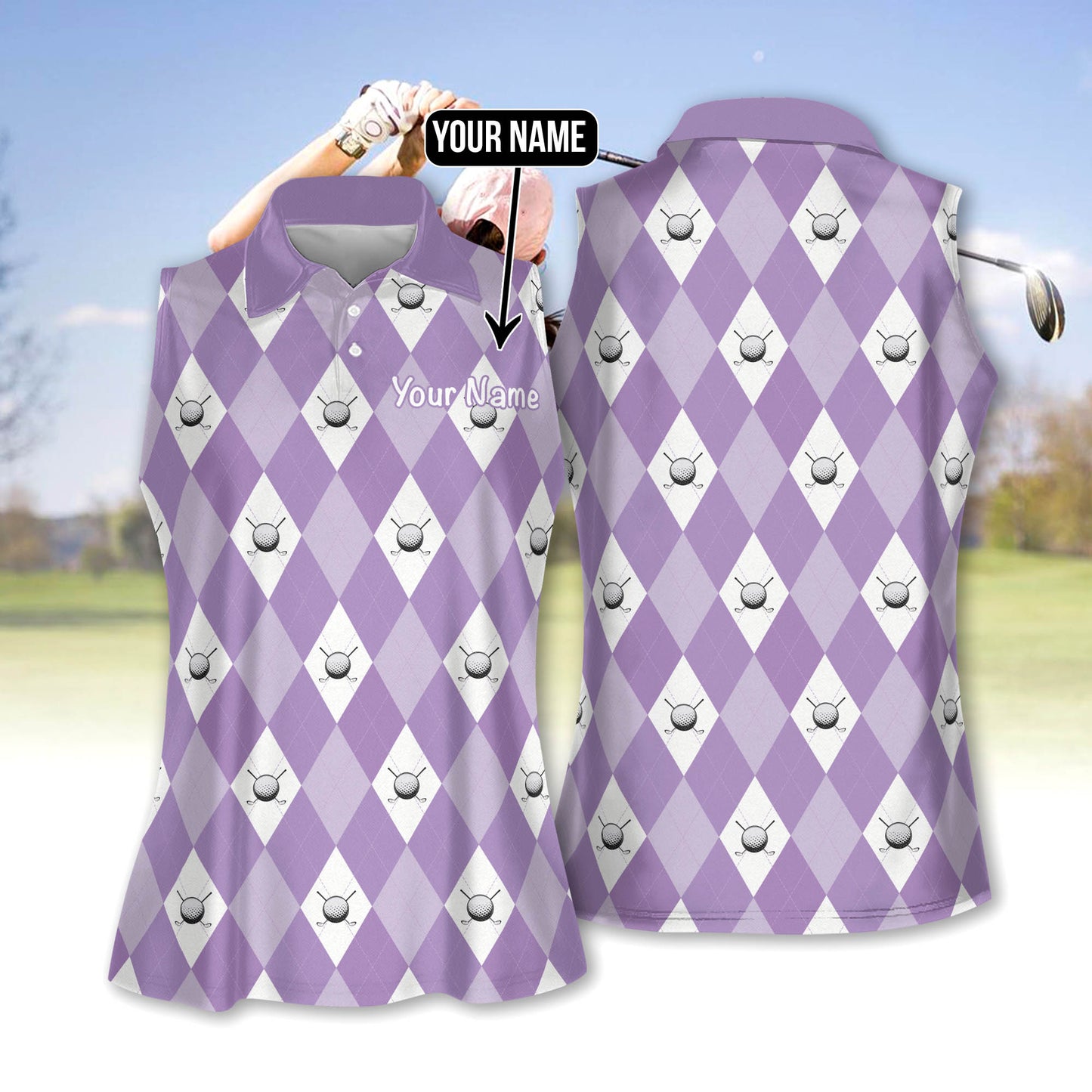 Purple argyle plaid pattern women sleeveless polo shirt custom golf shirt for women, ladies golf polo GY2272