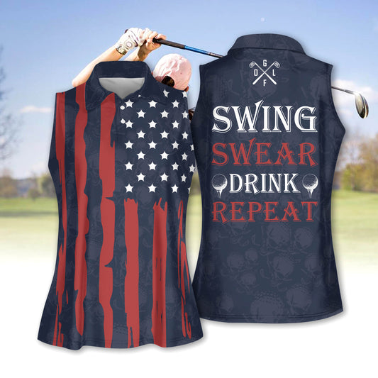 Women sleeveless polo shirt american flag patriotic golf shirt swing swear drink repeat GY2286