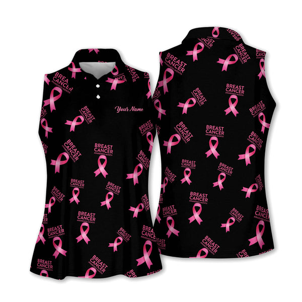 Custom Breast Cancer Awareness Pink Ribbon Womens Sleeveless Golf Shirts, Custom Breast Cancer Golf Shirt GY3111