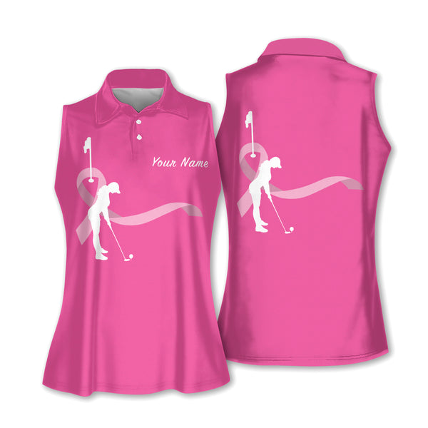 Custom Pink Ribbon Womens Sleeveless Golf Shirts, Custom Pink Breast Cancer Golf Shirts GY3121
