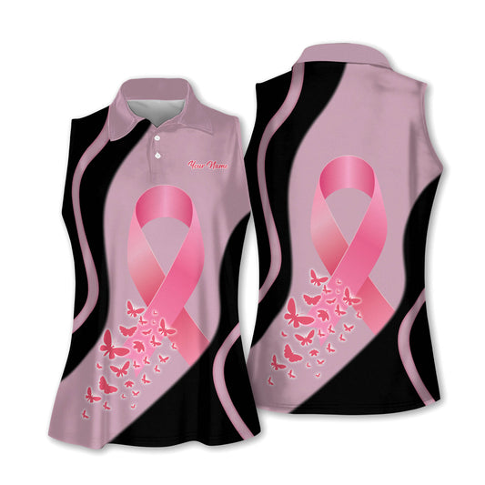 Black & pink butterfly custom women's sleeveless polo shirt breast cancer awareness ladies golf tops GY3129