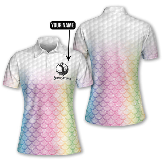 Women golf polo shirt pastel rainbow mermaid scales custom name pattern golf shirts, ladies golf tops GY3674