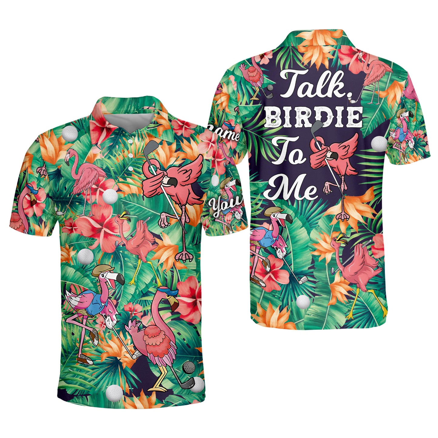 Funny men golf polo shirt, custom green tropical flower flamingo golf shirts talk birdie to me GY3751