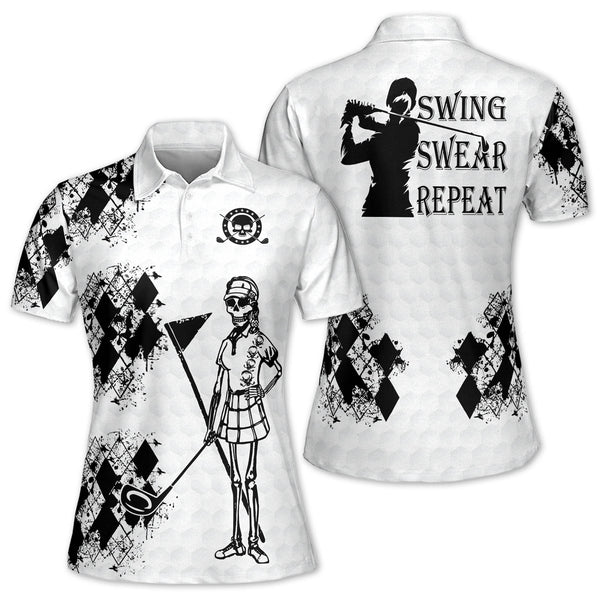 Swing Swear Repeat Skull Golf Polo Shirt For Women, Funny Skull Golf Shirt Womens GZ0010