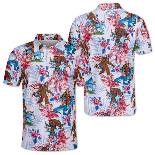 Mens Patriotic Bigfoot Floral Golf Polo Shirts, Men's 4th Of July Bigfoot Golf Shirts GZ0054