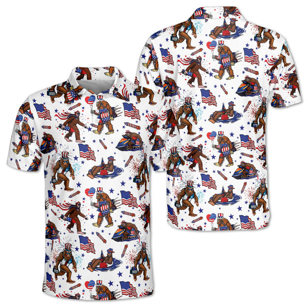 Men's 4th Of July Bigfoot Golf Polo Shirts, Patriotic Sasquatch Golf Shirts For Men GZ0055