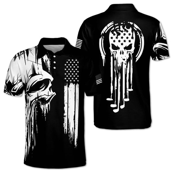 Patriotic Skull Mens Black Golf Polo Shirts, Skull Golf Shirt For Men GZ0059