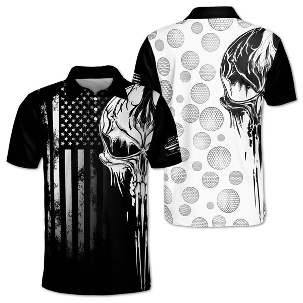 Mens Skull American Flag Black Golf Polo Shirt, Men's Skull Golf Shirt GZ0060