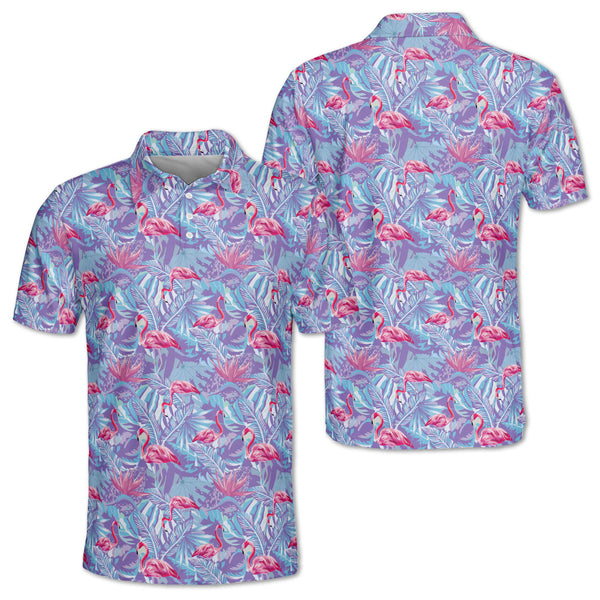 Flamingo Mens Purple Golf Polo Shirt, Men's Flamingo Golf Shirt GZ0073