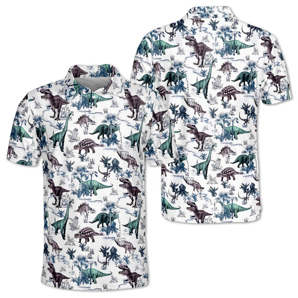 Dinosaur White Golf Polo Shirts For Men, Mens Dinosaur Golf Shirts GZ0082