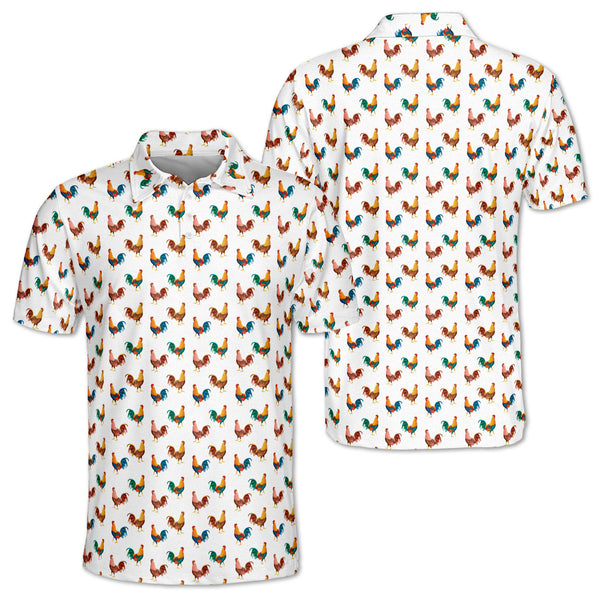 Rooster Men's White Golf Polo Shirt, Rooster  Chicken Golf Shirt For Men GZ0092