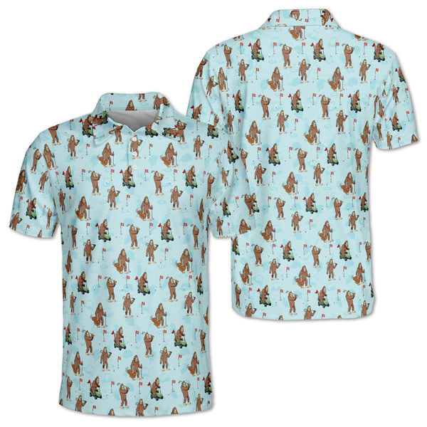 Bigfoot Sasquatch Mens Light Blue Golf Polo Shirt, Bigfoot Golf Shirt Mens GZ0108