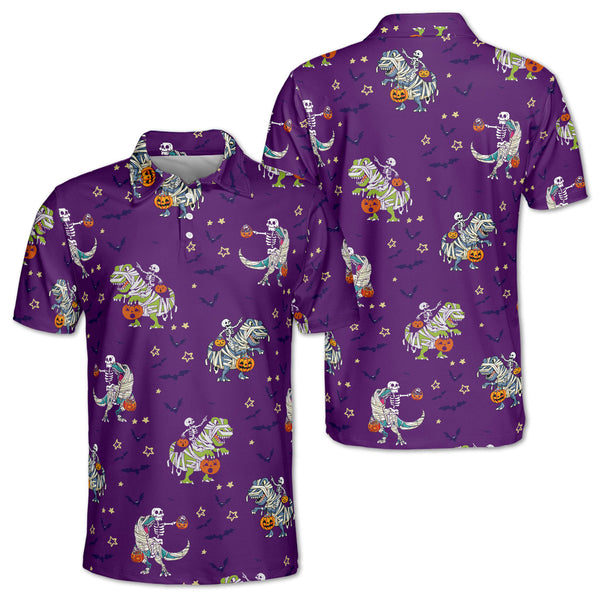 Skull Dinosaur Halloween Mens Purple Golf Polo Shirt, Mens Halloween Golf Shirt GZ0118