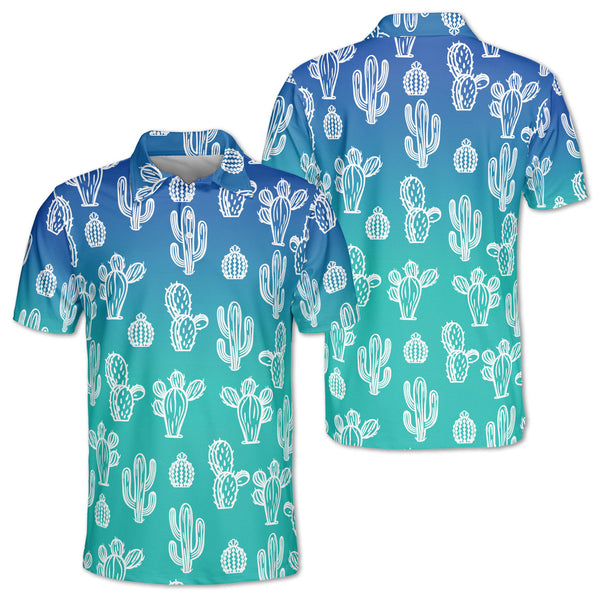 Cactus Mens Blue Golf Polo Shirts, Cactus Golf Shirts For Men GZ0119