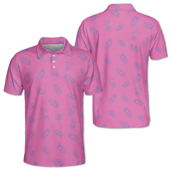 Cactus Mens Pink Golf Polo Shirt, Men's Cactus Golf Shirts GZ0121