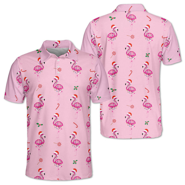 Flamingo Mens Christmas Pink Golf Polo Shirts, Christmas Golf Shirts For Men GZ0127