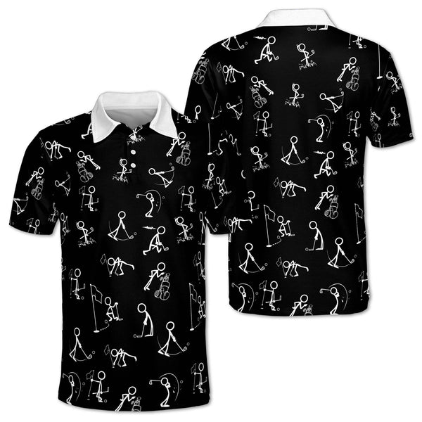 Stickfigures Mens Black Golf Polo Shirt, Fun Golf Shirts For Men GZ0140