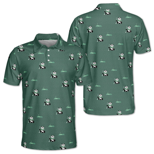 Panda Mens Green Golf Polo Shirt, Panda Golf Shirt GZ0141