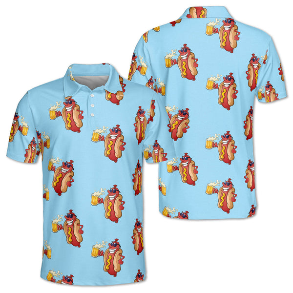 Mens Funny Hot Dog Blue Golf Polo Shirts, Hot Dog Golf Shirt GZ0145