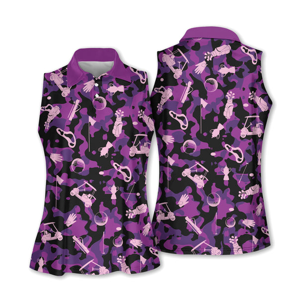 Purple Camo Women's Sleeveless Golf Shirt, Camouflage Golf Shirts For Women H0168