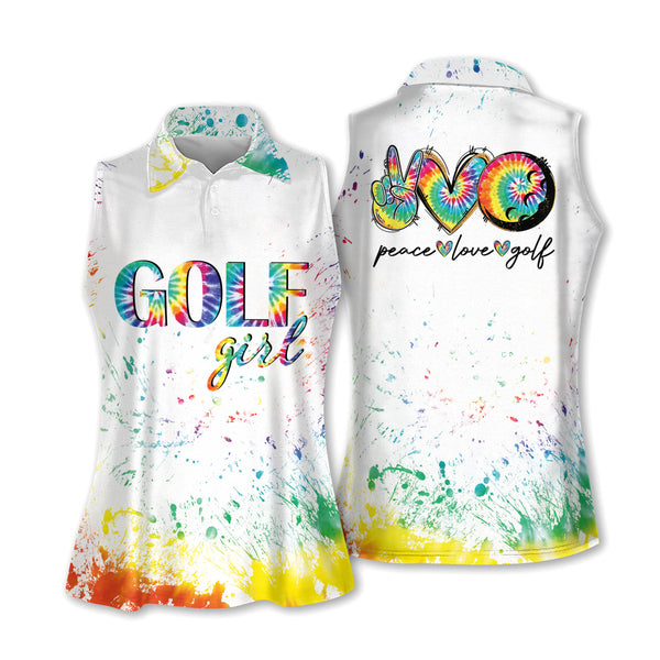 Peace Love Golf Girl Sleeveless Golf Shirt, Womens Tie Dye Golf Shirts GW0057