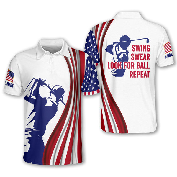 Swing Swear Look For Ball Repeat Custom Men Golf Polos, Custom Funny Patriotic Golf Shirts For Men GM0302