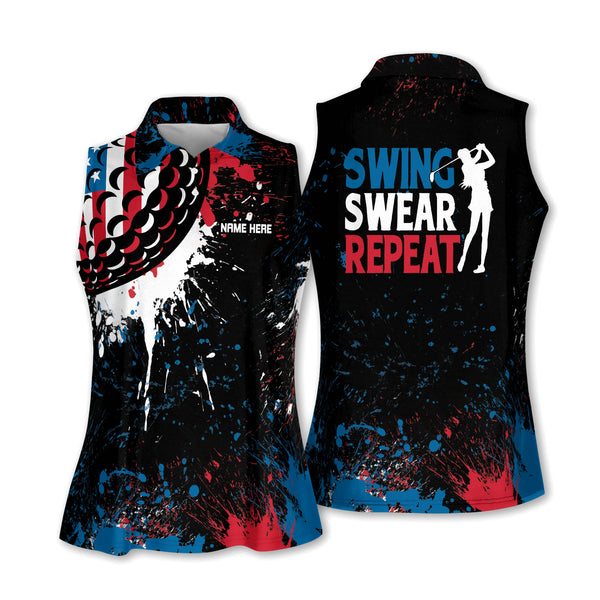 Custom Swing Swear Repeat Women's Golf Shirts Sleeveless, Custom Funny Black Golf Shirt Ladies GW0062