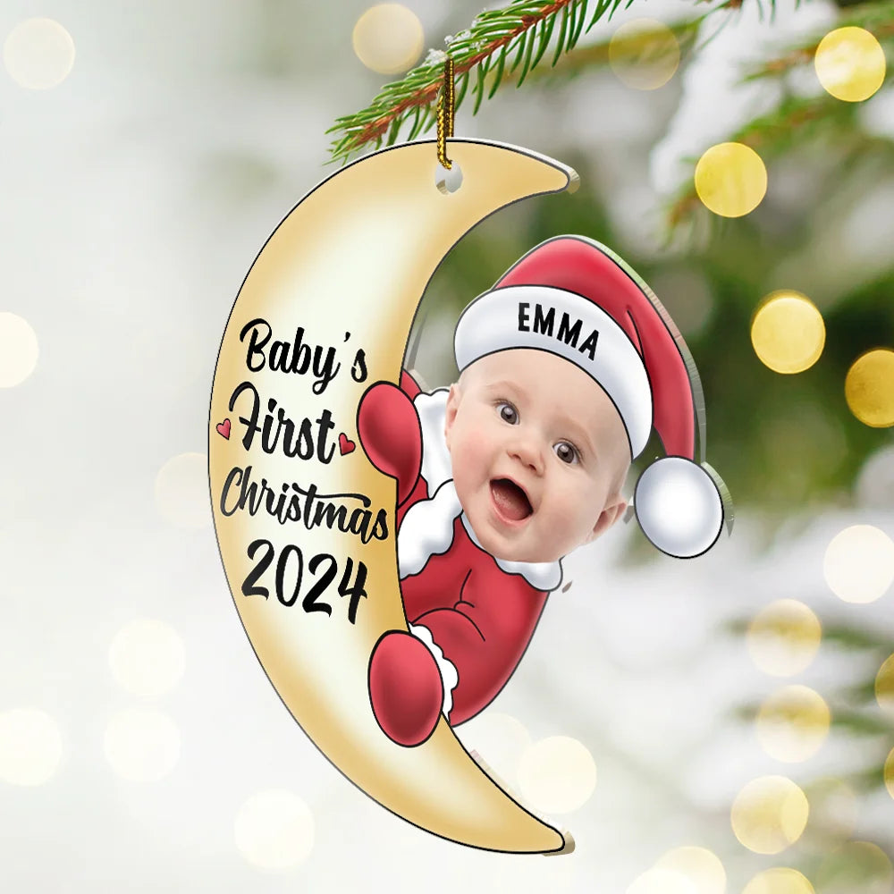 Custom Photo Christmas Santa Baby - Personalized Cutout Acrylic Ornament, Personalized Baby's First Christmas 2024 Santa Baby On Moon Ornament ON0404