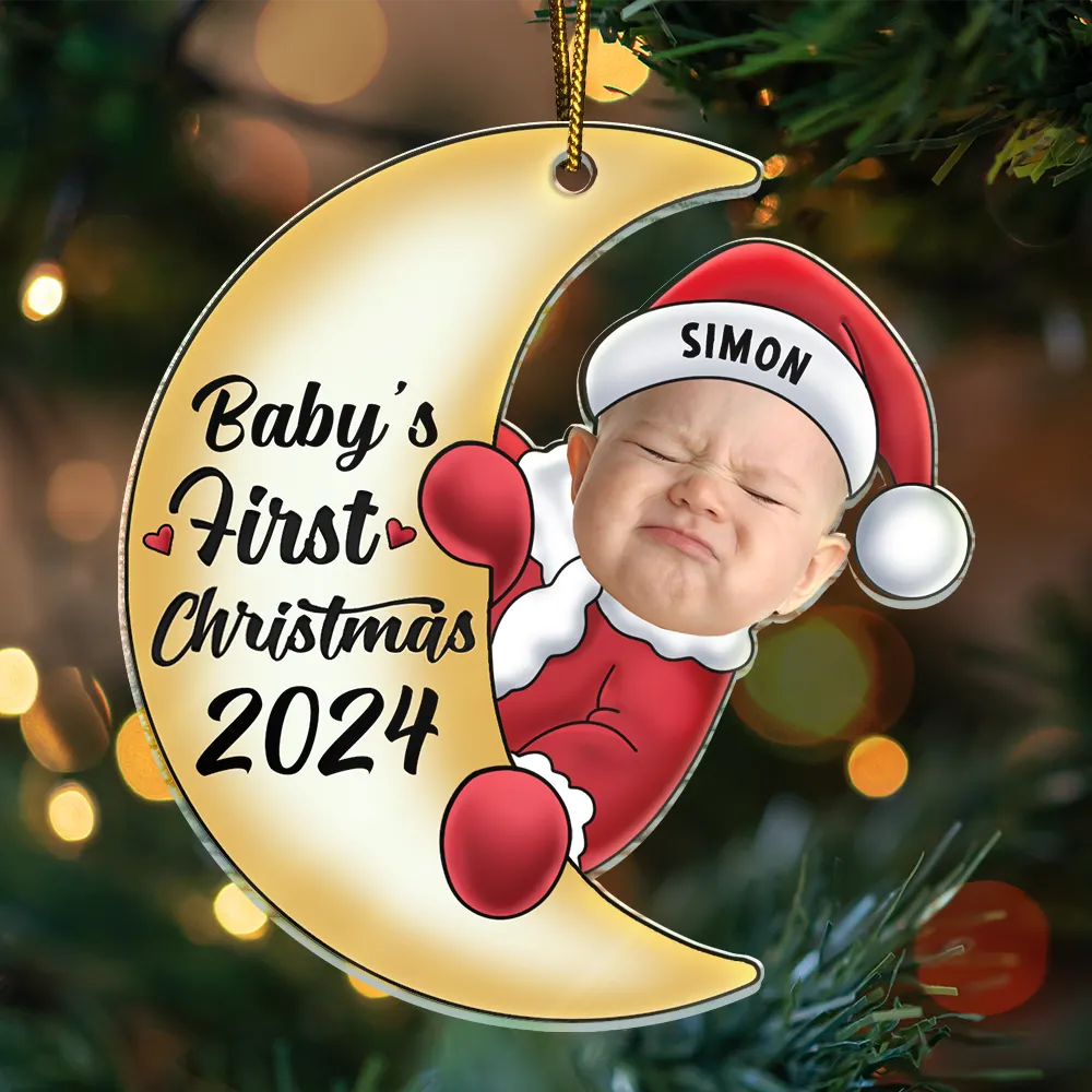 Custom Photo Christmas Santa Baby - Personalized Cutout Acrylic Ornament, Personalized Baby's First Christmas 2024 Santa Baby On Moon Ornament ON0404