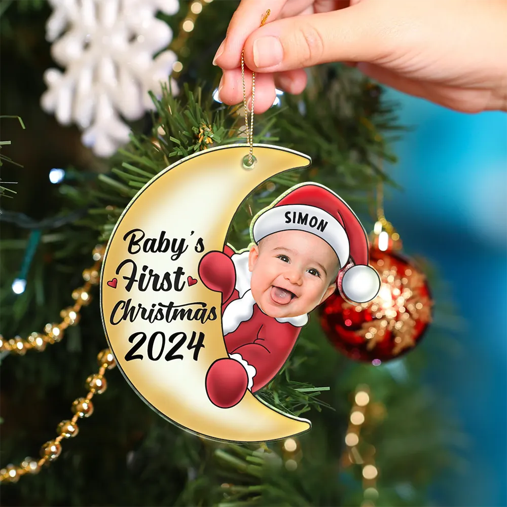 Custom Photo Christmas Santa Baby - Personalized Cutout Acrylic Ornament, Personalized Baby's First Christmas 2024 Santa Baby On Moon Ornament ON0404