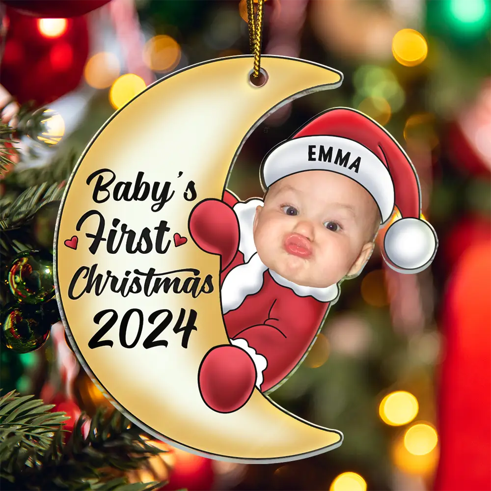 Custom Photo Christmas Santa Baby - Personalized Cutout Acrylic Ornament, Personalized Baby's First Christmas 2024 Santa Baby On Moon Ornament ON0404