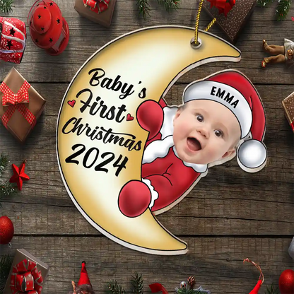 Custom Photo Christmas Santa Baby - Personalized Cutout Acrylic Ornament, Personalized Baby's First Christmas 2024 Santa Baby On Moon Ornament ON0404