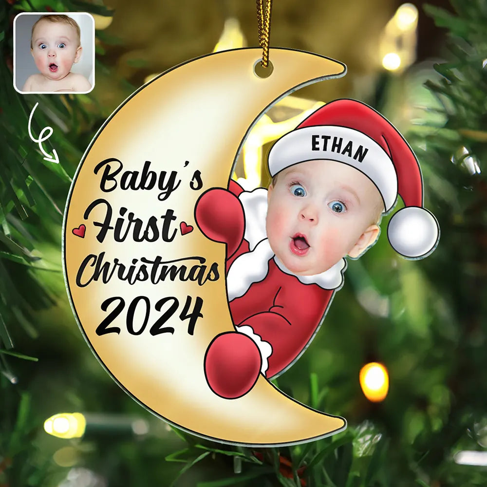 Custom Photo Christmas Santa Baby - Personalized Cutout Acrylic Ornament, Personalized Baby's First Christmas 2024 Santa Baby On Moon Ornament ON0404