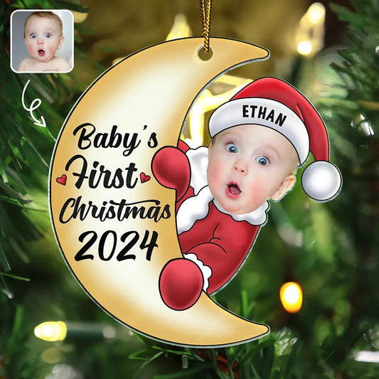 Custom Photo Christmas Santa Baby - Personalized Cutout Acrylic Ornament, Personalized Baby's First Christmas 2024 Santa Baby On Moon Ornament ON0404