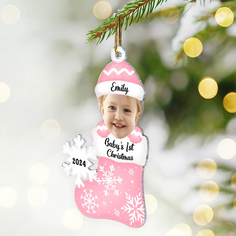 Custom Photo Baby's 1st Christmas - Personalized Cutout Acrylic Ornament, Personalized Babys First Christmas 2024 Ornament With Photo ON0024