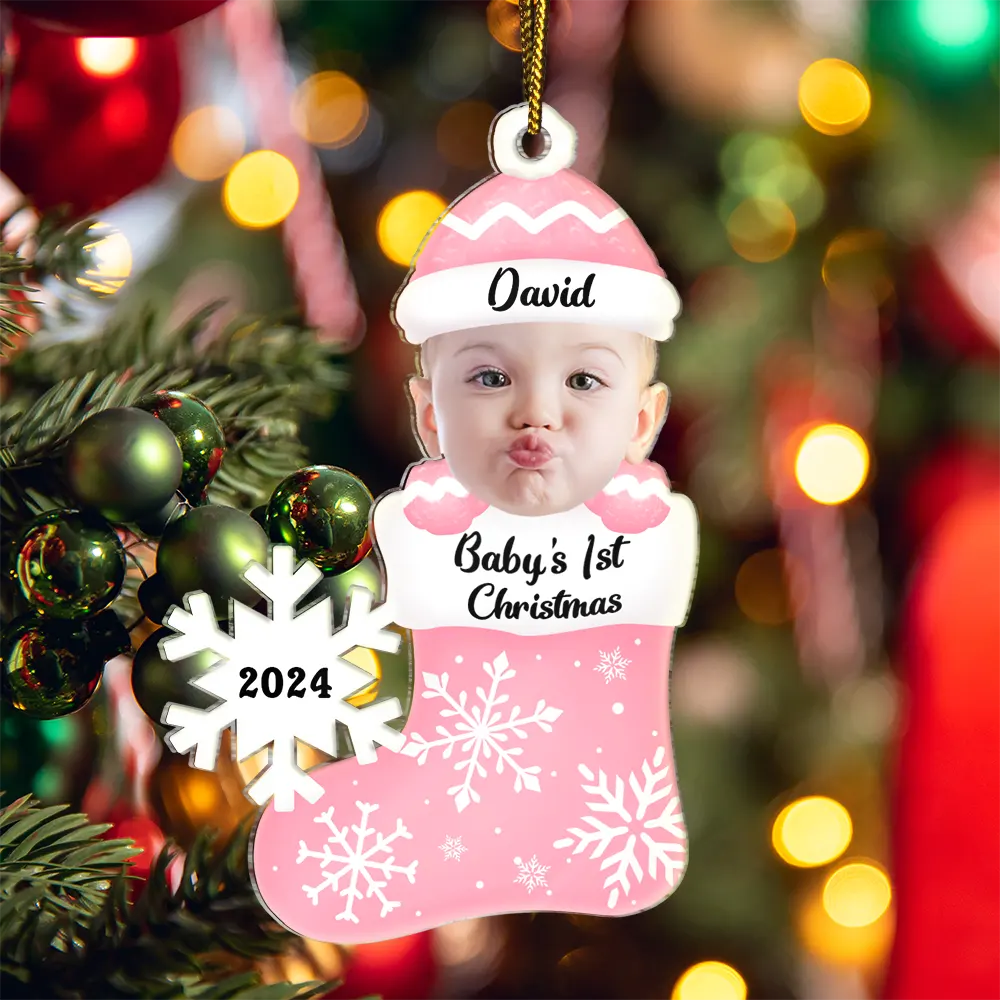 Custom Photo Baby's 1st Christmas - Personalized Cutout Acrylic Ornament, Personalized Babys First Christmas 2024 Ornament With Photo ON0024