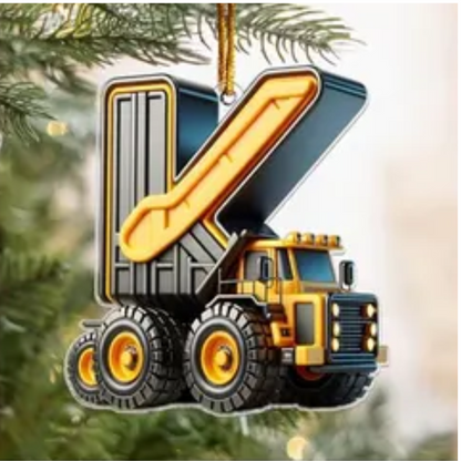 Personalized Construction Vehicle Letter Ornament 2024, Custom Initial Letter Truck Tractor Ornament ON0970