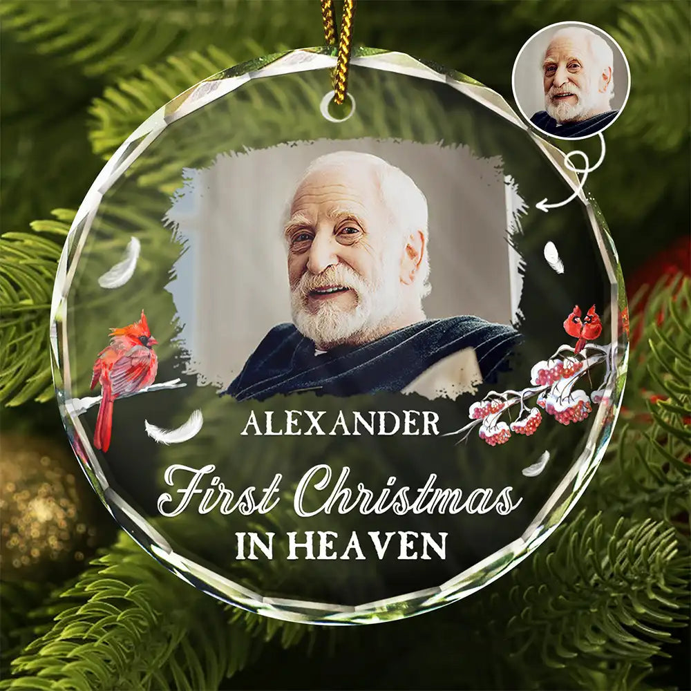 Custom Photo First Christmas In Heaven - Personalized Circle Glass Ornament, In Loving Memory Christmas Ornament Personalized Memorial Photo Ornament ON0108