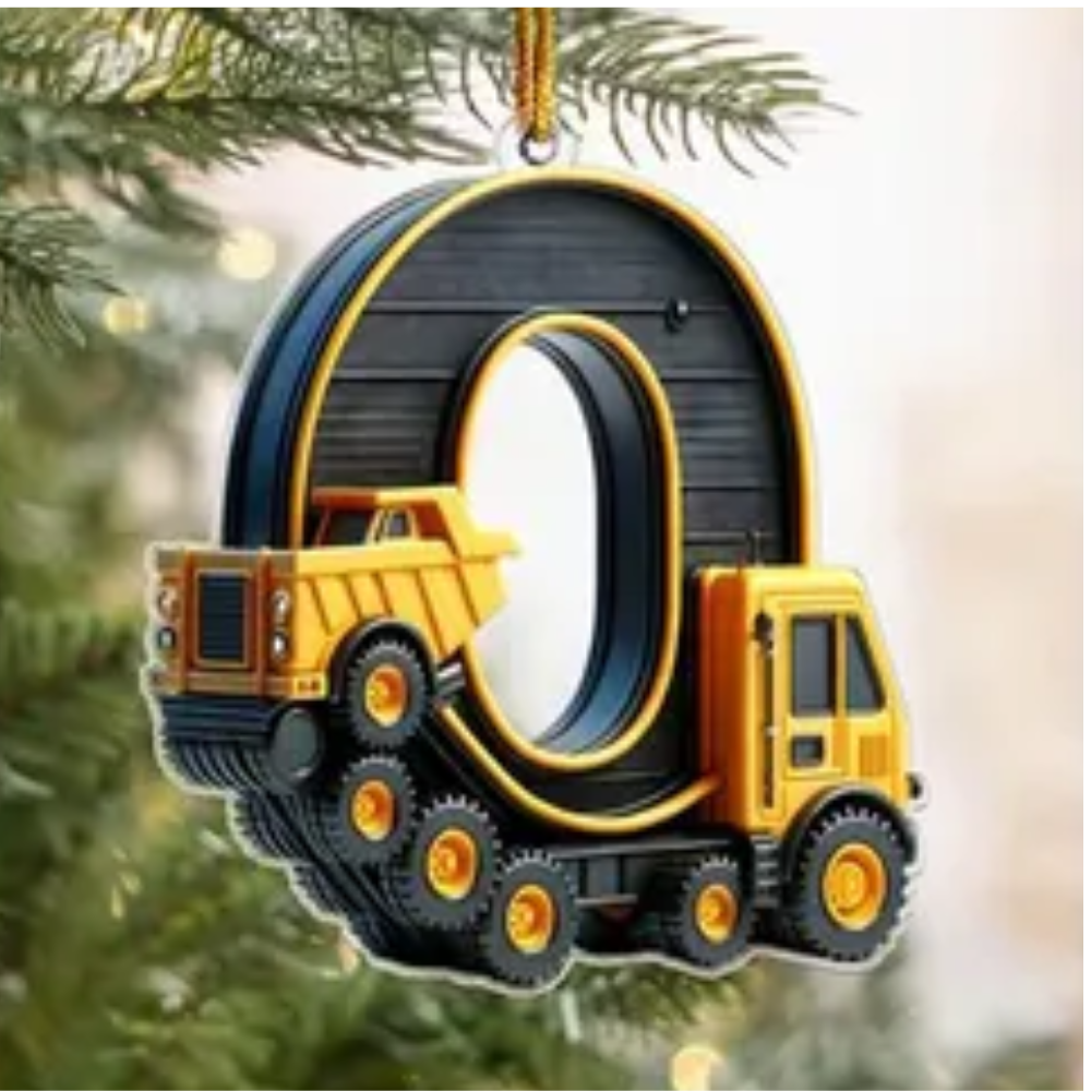 Personalized Construction Vehicle Letter Ornament 2024, Custom Initial Letter Truck Tractor Ornament ON0970