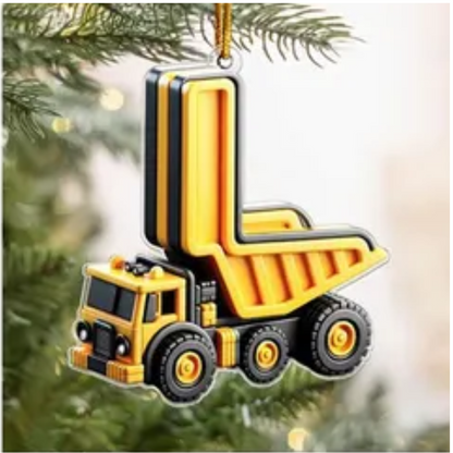 Personalized Construction Vehicle Letter Ornament 2024, Custom Initial Letter Truck Tractor Ornament ON0970