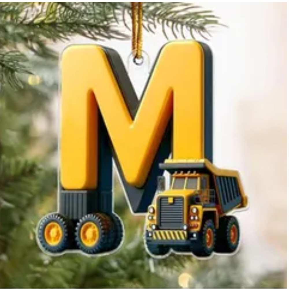 Personalized Construction Vehicle Letter Ornament 2024, Custom Initial Letter Truck Tractor Ornament ON0970