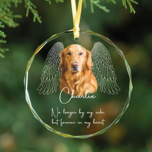 Custom Photo No Longer By My Side But Forever In My Heart Ornament, Personalized Pet Memorial Christmas Glass Ornament With Photo Name ON0039