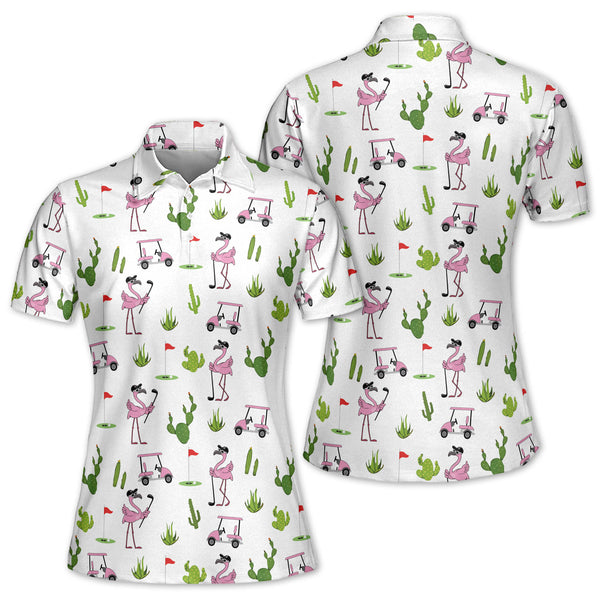 Flamingo Cactus Golf Polo Shirt Womens, Women's Flamingo Golf Shirt GZ0031
